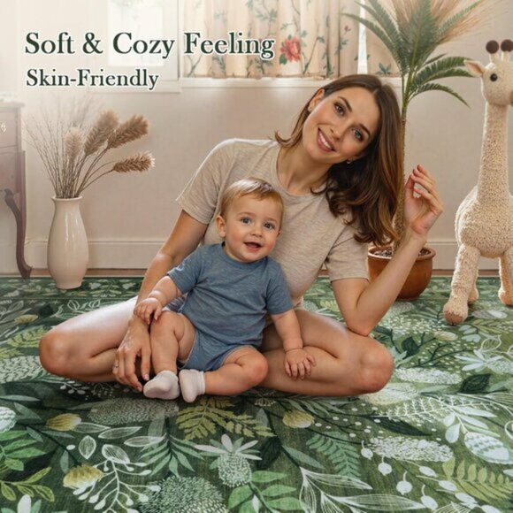 New 5x7 Green Botanical Area Rug, Washable Non-Slip Modern Carpet for Any Room - Picture 8 of 9